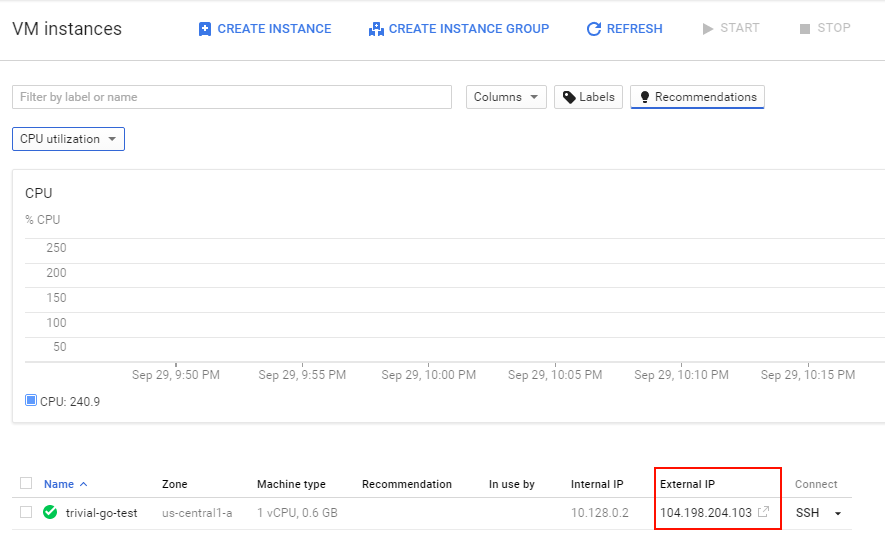 Google VM dashboard 